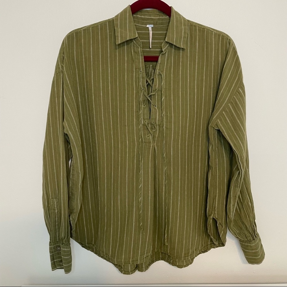 Free People Linen Under The Boardwalk  Lace Up Blouse Green White Stripe Sz XS